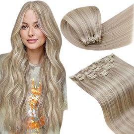 LaaVoo Clip-In Real Hair Extensions, 45 cm, Ash Blonde, Highlight Blonde, Straight, 105 g, 7 Pieces, #18/613