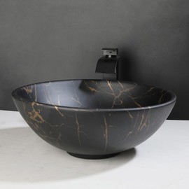 Focitland 17 Inch Bathroom Vessel Sink Black Ceramic Vessel Sink with Waterfall Faucet and Pop-Up Drain Combo,Above Counter Round Bathroom Sink Bowl