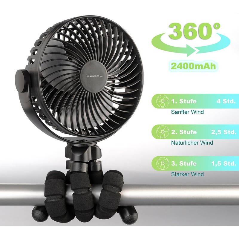 PEARL Kinderwagenventilator: 2er-Set 360°-Akku-Handventilatoren mit Stativ, 3 Geschwindigkeiten (Ventilator mit