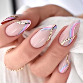 Uñas Cortas Desnudas Consejos Remolino Uñas Postizas Francesas Almendra Prensa En Uñas Cubierta Completa Uñas Postizas Lindas para Mujeres y Niñas 24 
