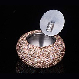 Bestbling Rhinestone Ashtray with Lid, Flip Top Stainless Steel Tabletop Ashtray for Smokers, Desktop Smoking Ash Holder for Home & Office Decoration (Gold)