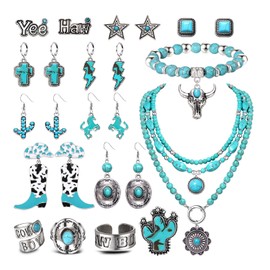 Western Earrings Necklace Bracelet Rings Jewelry Set for Women Bohemian Turquoise Lighning Bolt Horse Cross Cactus Dangle Earrings Chunky Turquoise Layered Pendant Choker Necklace Turquoise Beaded Stretch Bull Charm Bracelet Western Cowgirl Joint Knuckle Rings (western jewelry set)