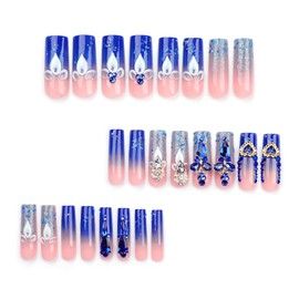 Royal Blue Press on Nails Maigitur Long Square Fake Nails with Rhinestones Designs Diamond False Nails for Women Girls Manicure 24pcs