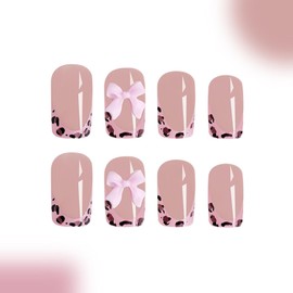 French Tip Press on Nails Short Square Fake Nails with Leopard Print French Bow Designs Nude Glue on Nails Press ons Glossy False Nails Reusable Cute Stick on Nails for Women 24 Pcs