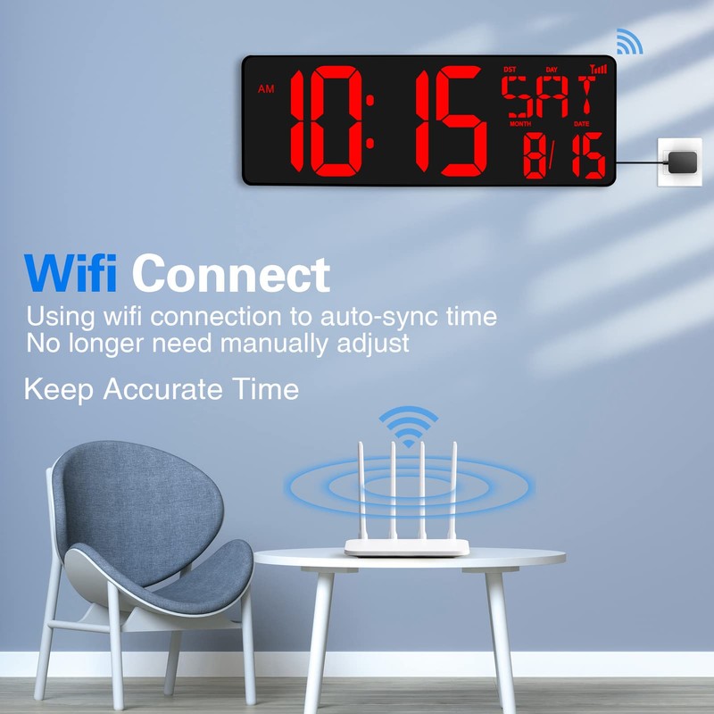 XREXS Large Digital Wall Clock WiFi Sync, 16.5 in Large