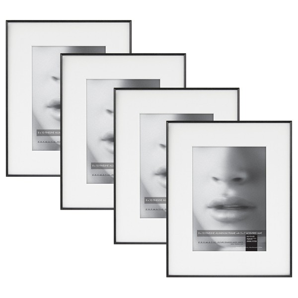 Framatic Fineline 8x10 Inch Aluminum Frame Matted to 5x7 Inch Photo (4pk), Black (302169)