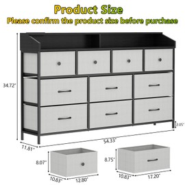 Dresser for Bedroom with 10 Fabric Drawers & LED Lights & Power Outlets, Dressers & Chests of Drawers, Dressers with 2-Tier Storage Shelves, 55" TV Stand with Sturdy Frame & Wood Top (Light Gray)