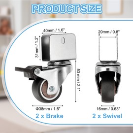 PATIKIL 1.5 Inch Caster Wheels, 4 Pcs Swivel Casters (2 Brake & 2 Swivel) with 0.8" U Bracket Opening 55 Lb Capacity Per Caster for Furniture Office Chairs Carts and Cabinets, Brown
