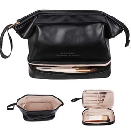 Neceser Doble De Gran Capacidad, Cuero PU Impermeable, Portátil Con Asa Y Cremallera, Organizador Multifuncional De Artículos De Aseo Para Mujeres Y Niñas (Negro-A)