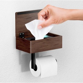 Day Moon Designs Wood Toilet Paper Holder-Wooden Wall Mount Toilet Paper Holder with Shelf as Flushable Wipes Dispenser,Bathroom Storage,Phone Holder Box,Restroom Storage, Black Walnut Wood,Dark Wood