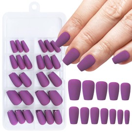 AddFavor 120pc Press on Nails Short Coffin Matte Purple Fake Nails Medium Length Ballerina Acrylic False Nail with Glue Adhesive Tabs Nail File for Women and Girls Manicure