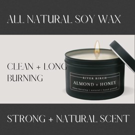 River Birch Candles Almond + Honey Scented Candle | Premium, All-Natural, Non-Toxic, Soy Candles | 8 oz. Black Matte Tin Travel Candle | Cozy Relaxing Gifts for Home