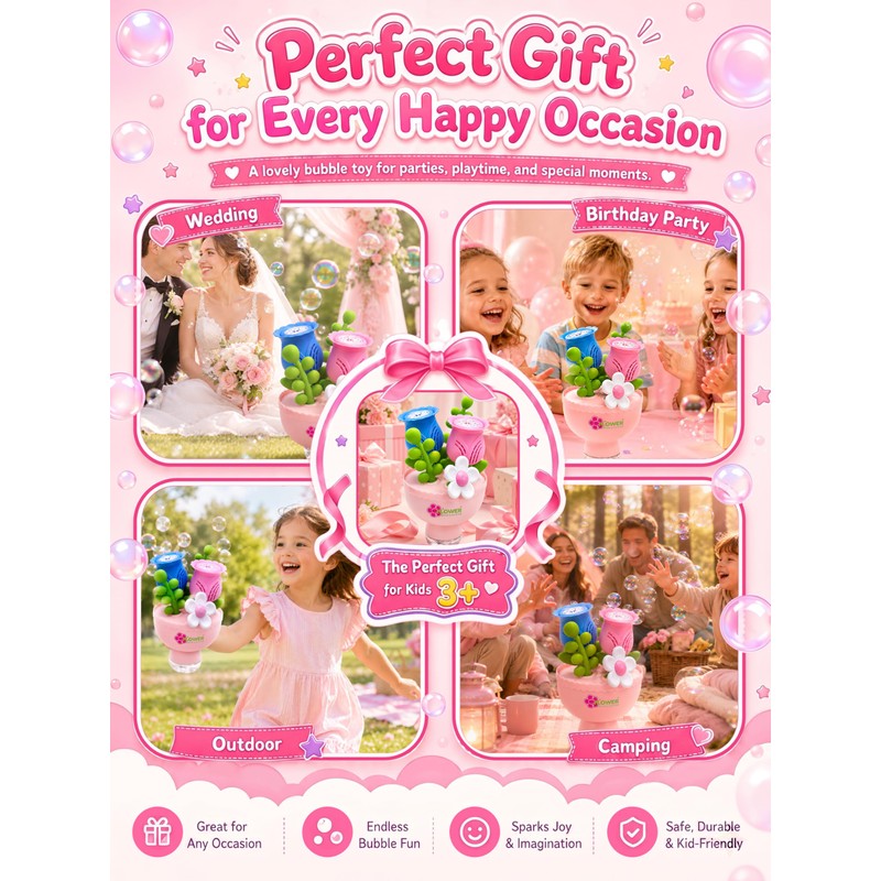 Flower Automatic Bubble Machine for Toddler Kid Toy Age 3