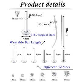 Tornito 6Pairs 18K Gold Plated Internally Threaded Nose Piercing Studs Stainless Steel Lip Studs CZ Flat Back Stud Earrings Nostril Labret Conch Cartilage Earrings Helix Tragus 6/7/7/8/10/12mm 18G