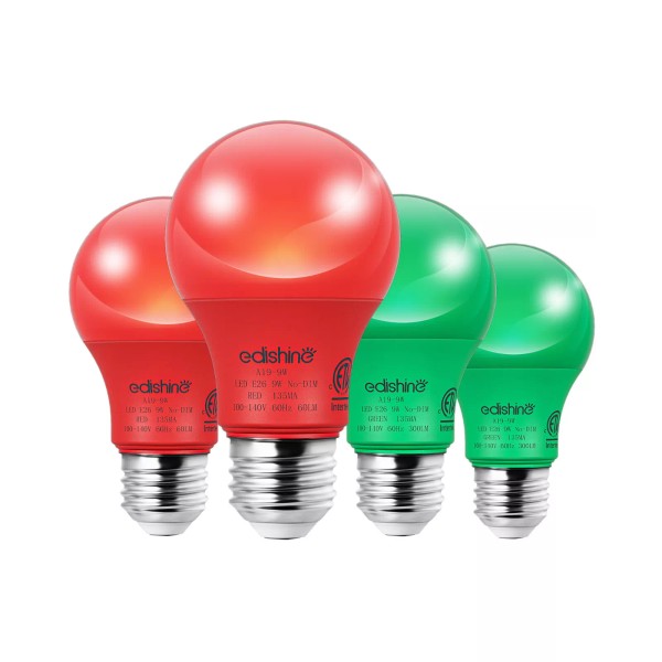 EDISHINE 4-Pack Red Green Light Bulb, 9W A19 LED Led