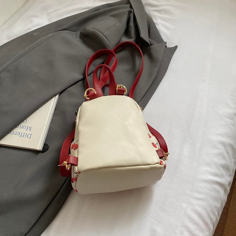 AnBlack Mini Court Backpack With Cherry Print,Stylish Daypack Purse Handbag