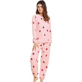 Allegra K Women's Long Sleeve Flannel Pattern Sleepwear Pyjamas, pink