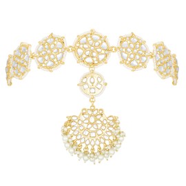 Aheli Gold Plated White Kundan Studded Sheeshpatti Maangtikka Sheesh Phool Matha Patti Ethnic Stylish Fashion Jewellery Gift for Women