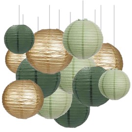12Pcs Sage Green and Gold Paper Lanterns Set, Hanging Paper Lanterns Decoration, Paper Decoration for Wedding, Christening,Communion, Birthday Party