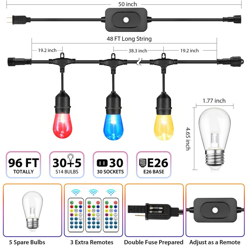 Mlambert 96Ft(2x48ft) Outdoor Patio Lights, RGB Dimmable Cafe String Lights