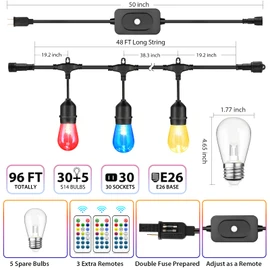 Mlambert 96Ft(2x48ft) Outdoor Patio Lights, RGB Dimmable Cafe String Lights with 30+5 Commercial Grade LED Edison Bulbs for Yard Balcony-Black 2 Pack