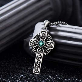 Oseew Celtic Cross Necklace Mens Silver Cross Pendant Necklace With Created Emerald Birthday gift for her/dad/husband