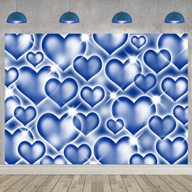 Blue Heart Backdrop Early 2000s Sweetheart Photography Background Glitter Love Hearts Y2k Vintage Valentine's Old School Women Men Birthday Party Decorations Banner Photo Props
