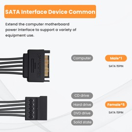 QINJOOELC SATA Power Splitter Cable - 15 Pin SATA Male to 5 Female Power Extension Hard Drive Cable for HDD, SSD and Optical Drives