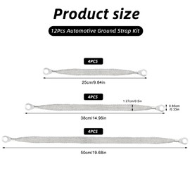 12PCS Automotive Ground Straps, 10/15/20 Inch Tinned Copper Braided Grounding Cable Straps with Ring Terminals, Universal Engine Vehicle Ground Wire Strap Kit for Most Cars (Silver)