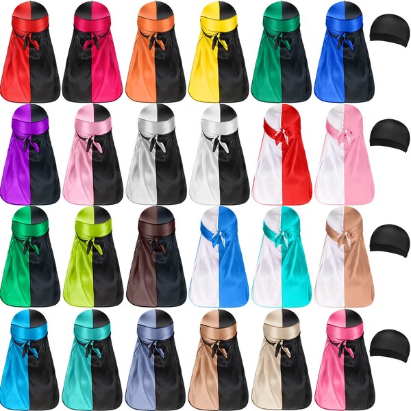 28 Pcs Silky Durags Set Includes 24 Satin Durag for Men Women Long Tail Headwraps with 4 Elastic Wave Cap (Multi Color)