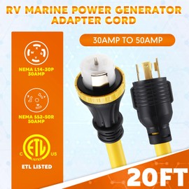 Tellegloww 20FT NEMA L14-30P to SS2-50R RV Marine Power Generator Adapter Cord, 30A 4 Prong Locking Generator L14-30P Male to 50A Marine Shore Power SS2-50R Female with Locking Ring 125V/250V