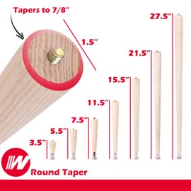 Waddell Round Taper Leg (1 Count, 4" H) | Self Leveling Quick Mount Wooden Legs with 5/16" #18 Hanger Bolt | Decorative Unfinished Furniture Legs for DIY Home Improvement | Mid Century Modern Decor