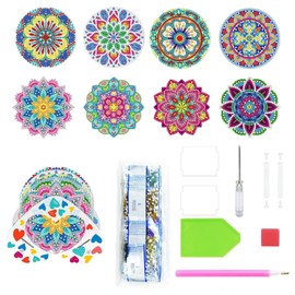Pack of 8 Round Diamond Painting Coasters, DIY Mandala Coasters, Diamond Art Painting Mandala, Diamond Painting Coasters with Holder, for Kitchen Cup Coasters, Table, Ocean Decoration
