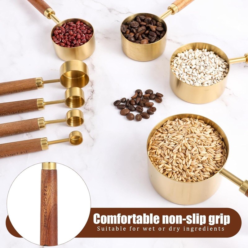 Measuring Cups and Spoons Set 8-Piece, Food-Grade Golden Nonstick with