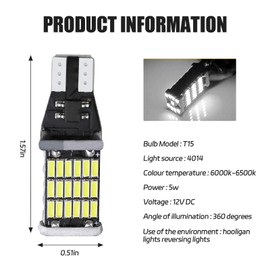 wuyaoyao 4PCS LED Reverse Lights for Car, T15 LED Bulbs for Car Turn Signal Back Up Light, Error Free 45SMD-4014 Chipsets, 6500K Super Bright Led Brake Stop Cargo Lights Bulb Replacement (White)