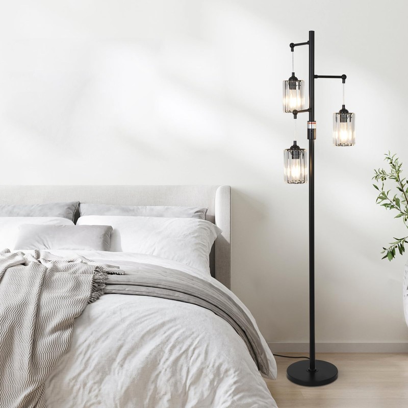 Stepeak Black Modern Crystal Floor Lamp, 3 Lights Standing Lamp