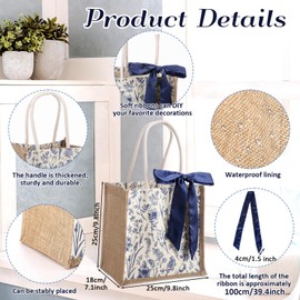 Paterr 3 Pack Wedding Burlap Tote Bags with Handles Reusable Jute Gift Bags with Silk Ribbon Blue Floral Jute Handbags Pack Set for Shopping Bridesmaid Wedding Bachelorette Party DIY