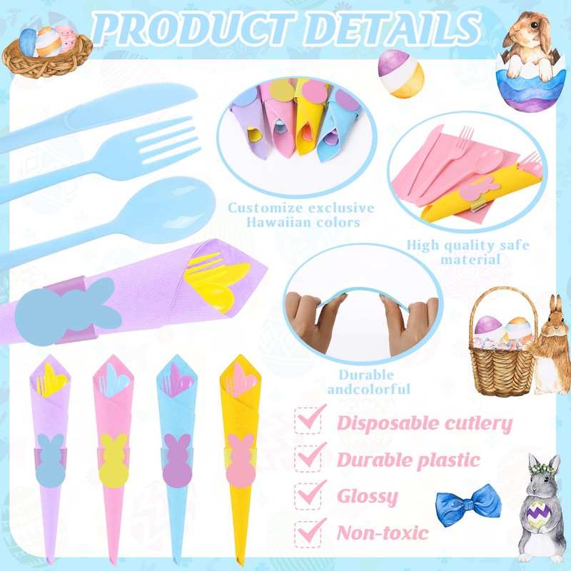 FULJOOY 24 Pack Easter Pre Rolled Cutlery Silverware Utensil Set