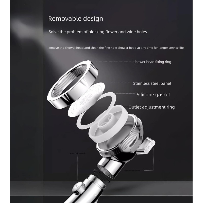 High Pressure 6 Setting Shower Head Extra 60" Long Hose