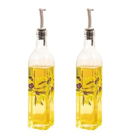 TZSSP Olive Oil and Vinegar Dispenser Glass Dispenser Bottles Set Cooking Oil Cruets Dispenser Set with Stainless Steel Leak Proof Pourer Spout for Kitchen and BBQ,Olives,2 Pack of 17 oz.