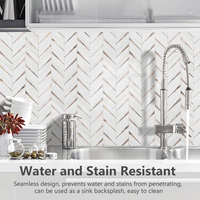 STICKGOO 10-Sheet Herringbone Tile Peel and Stick Backsplash, Dolomite White
