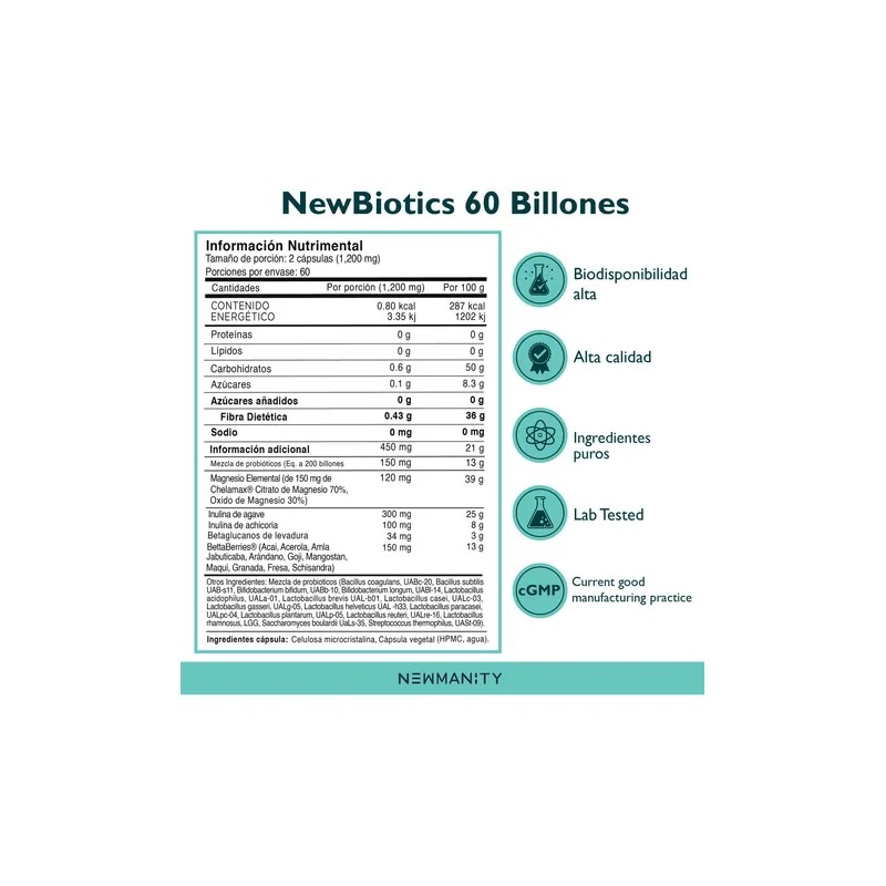 Newbiotics 60 Billones Con Magnesio Newmanity 120 Caps Sabor Sin