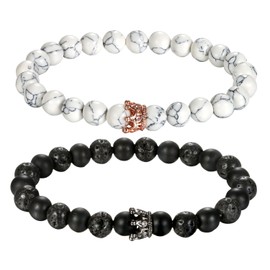 Couple Black Matte Agate & White Howlite CZ Crown Queen 8mm Beads Bracelet,Cupimatch His and Her Couple Bracelets 7.5"