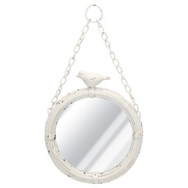 NIKKY HOME 6.7 Inch Decorative Small Hanging Mirrors Vintage Rustic Round Metal Framed Wall Mounted Mirror Decor with Bird for Bathroom Living Room Office, Rustic White