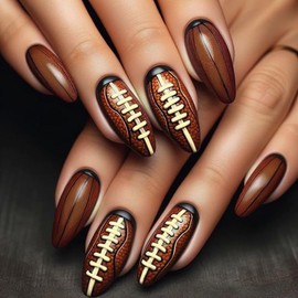 24Pcs Rugby Press on Nails Medium Almond Fake Nails Brown Olive Competition Press Glitter Full Cover False Nails Match Acrylic Glue on Nails Nails for Women French Manicure