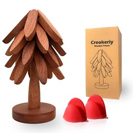 Wooden Tree Trivets, Wooden Coasters Trivets Tree Set, 4 Wooden Trivets + 1 Stand, Kitchen Natural Foldable Trivets for Hot Dishes, Stackable Wooden Trivets for Hot Pots and Pans Holders