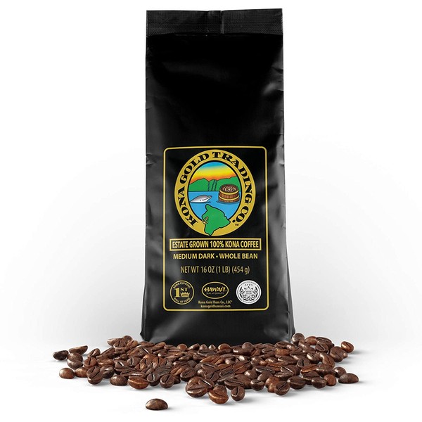 Kona Gold Coffee Whole Beans - 16 oz, by Kona Gold Rum Co. - Medium/Dark Roast Extra Fancy - 100% Kona Coffee