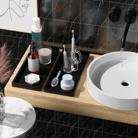 BBK Bathroom Vanity Tray 11.8 in- 2 Pack(Large) Silicone Bathroom Tray for Counter, Perfume Key Trinket Ring Tray, Decor Soap Dispenser Countertop Tray for Kitchen Sink Organization (Black)