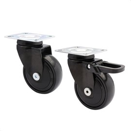 Wagner Design - 3C - Swivel Castors / Apparatus Castors / Furniture Castors 2-Piece Set - Black, 1 Roll without and 1 with Lock, Soft Running Surface, Diameter 75 mm, Ball Bearing, Load Capacity 75 kg