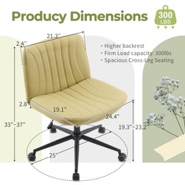 Karl home Criss Cross Chair Armless Desk Chair with Wheels Cross Legged Office Swivel Chair Wide Adjustable Comfy Padded Vanity Chair with Dual Purpose Base, PU Avocado Green